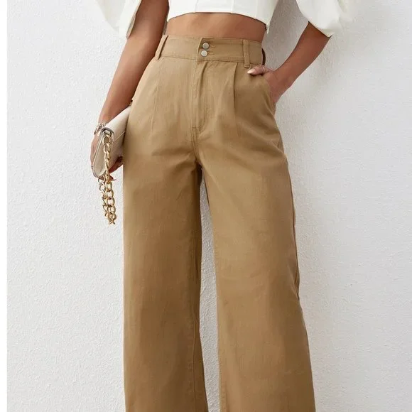 Khaki Plain Womens High Waist Wide Leg Jeans - Picture 4 of 5